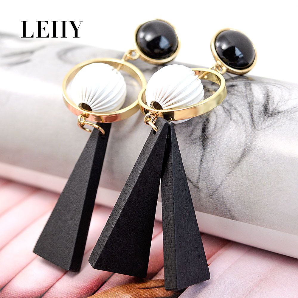 Asymmetry Triangle Natural Wood Dangle Earrings Acrylic Long Drop Earrings